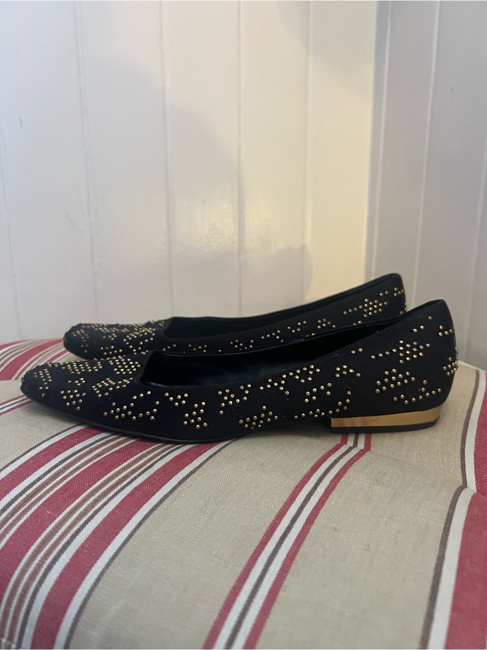 St. John Black Ballet Flats with Gold Stud Accents